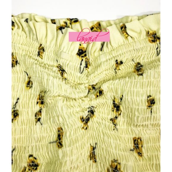 Blue Life Printed Smocked Top Yellow Floral Ruched Bust Off-The-Shoulder Crop S - Picture 3 of 6